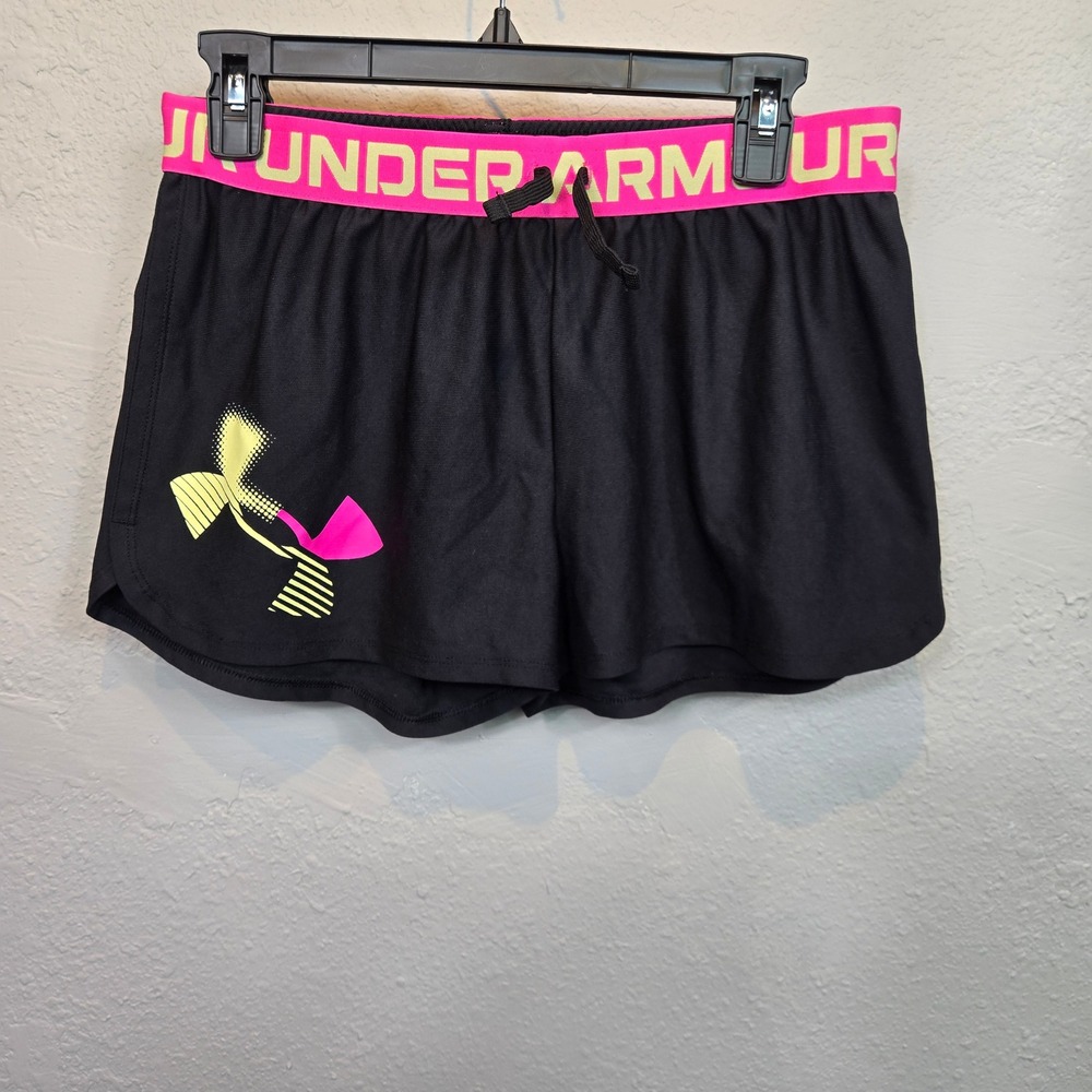 Under Armour Play Up Shorts Youth Girls YXL Black Pink Neon Yellow Logo